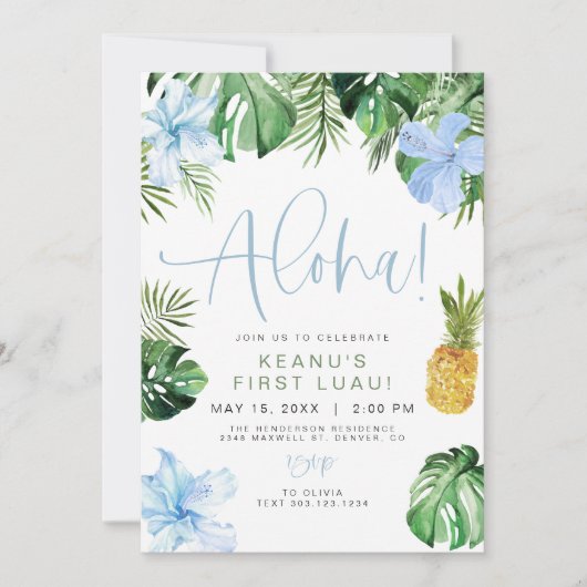 Invitation LALANI Beach Blue Hibiscus Luau Hula 1er anniversa (Devant)