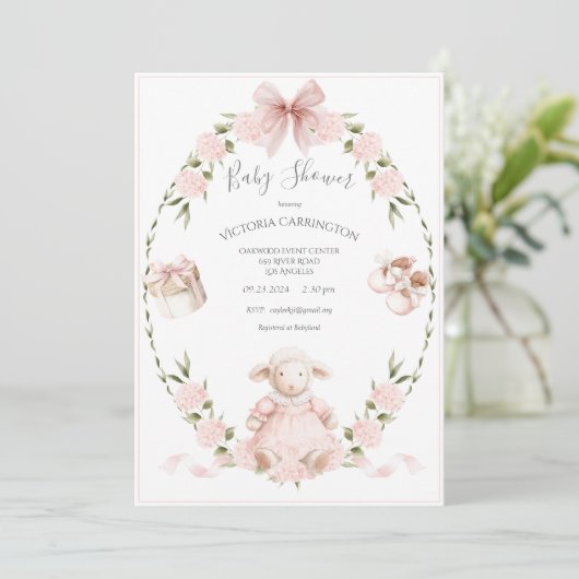 Invitation Lamb Floral Hydrangeas Pink Girl Baby Shower (Debout devant)