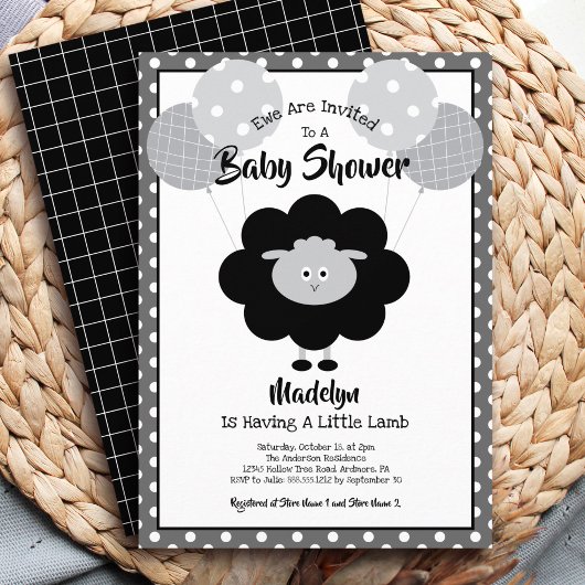 Invitation Lambe Baby shower noir blanc Ballons mignonne mode