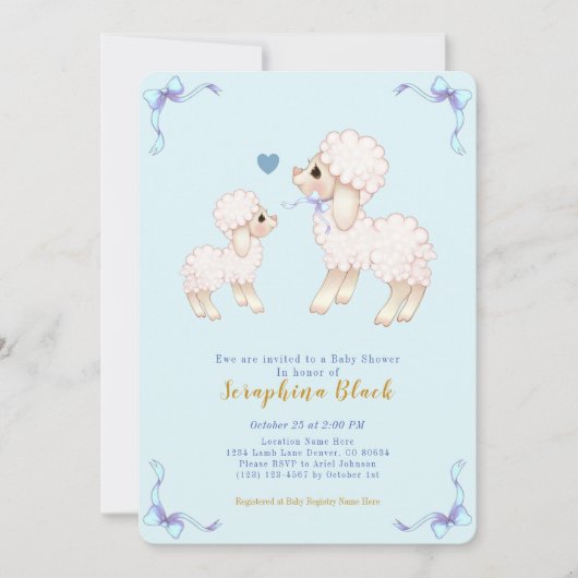Invitation Lambe bleue Baby shower bébé mouton garçon (Devant)