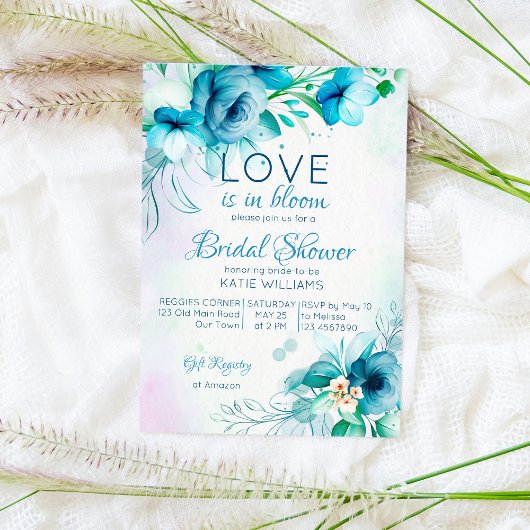 Invitation L'amour est en fleur bleu turquoise fleurs douche