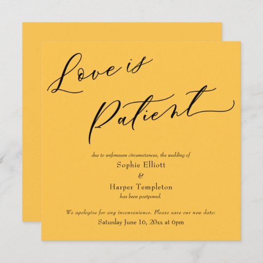 Invitation L'amour est Patient Apricot Postponed Mariage Card (Devant / Derrière)