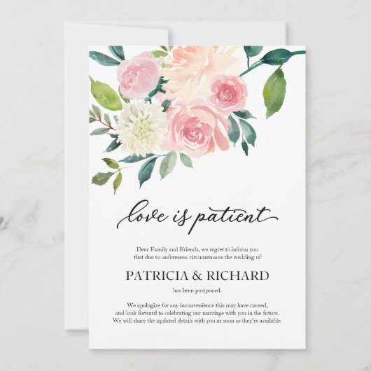 Invitation L'Amour Est Patient Blush Floral Mariage Postponem (Devant)