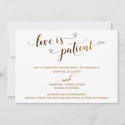 Invitation L'amour est Patient Postponed Mariage Gold Script  (Devant)