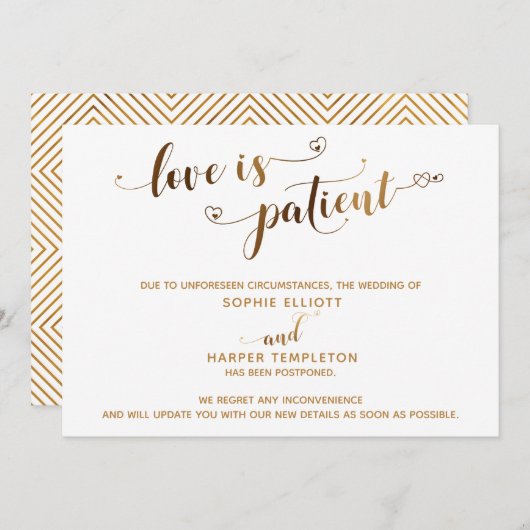 Invitation L'amour est Patient Postponed Mariage Gold Script  (Devant / Derrière)