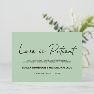 Invitation L'amour est patient Sage vert Mariage Postponction
