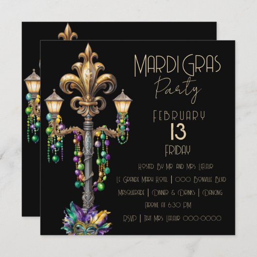 Invitation Lampe à gaz et perles Mardi Gras Party (Devant / Derrière)