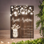 Invitation Lampes à cordes en bois rustique mâon bocal Sweet<br><div class="desc">Un cool,  automne rustique Sweet 16 anniversaire fête. Avec des lumières de fée à cordes,  et des étoiles,  un pot de mason brillant avec des fleurs sauvages sur bois brun rustique,  avec une calligraphie de boho brillant lettré à la main.</div>