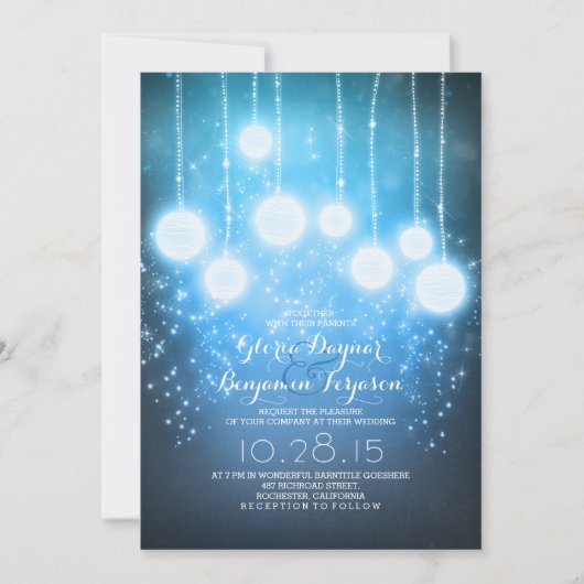 Invitation lampes à cordes étoilées et lanternes bleu mariage (Devant)