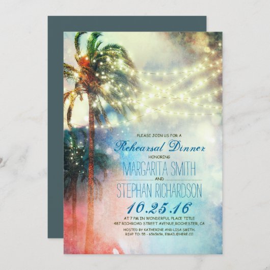 Invitation lampes à cordes, palmiers, plage (Devant / Derrière)