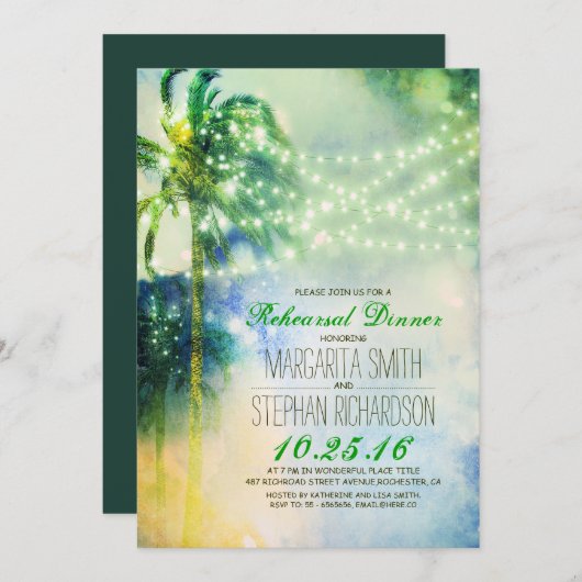 Invitation lampes à cordes, palmiers, plage (Devant / Derrière)