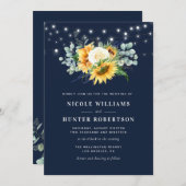 Invitation lampes à cordes tournesol mariage bleu marine (Devant / Derrière)