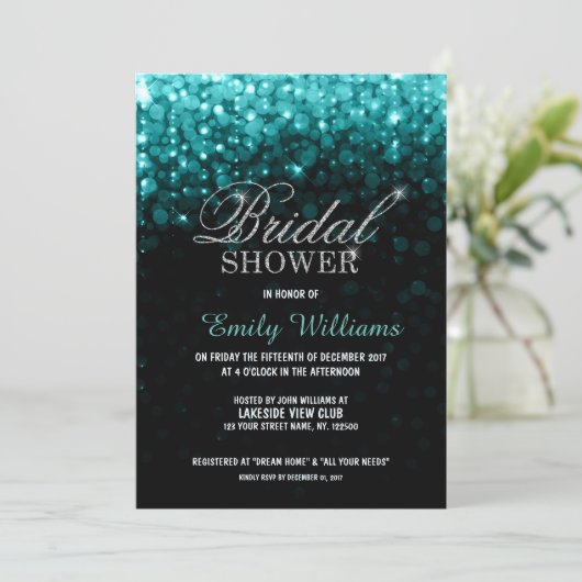 Invitation Lampes à cordes turquoise bokeh douche nuptiale (Debout devant)