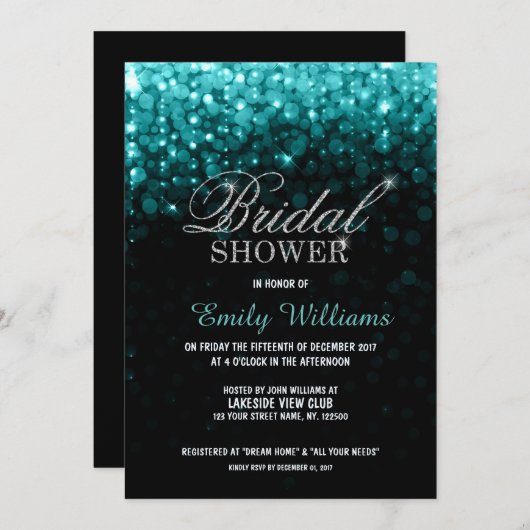 Invitation Lampes à cordes turquoise bokeh douche nuptiale (Devant / Derrière)
