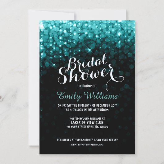 Invitation Lampes à cordes turquoise bokeh douche nuptiale (Devant)