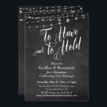 Invitation Lampes Chalkboard à avoir et à tenir<br><div class="desc">Cette carte de réception de mariage sophistiquée mais rustique présente une image d'arrière - plan en damier texturé surmontée d'un graphique représentant des cordes blanches scintillantes. J'ai utilisé une police de script élégante et pivotante pour rendre des graphiques représentant les mots "Avoir et tenir"; au dos, j'ai placé le mot...</div>