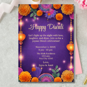 Invitation Lampes de vacances violettes Happy Diwali