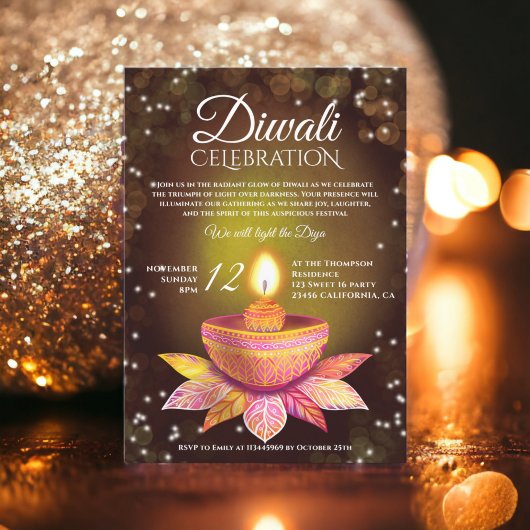 Invitation Lampes Diwali brun or, script d'illustration