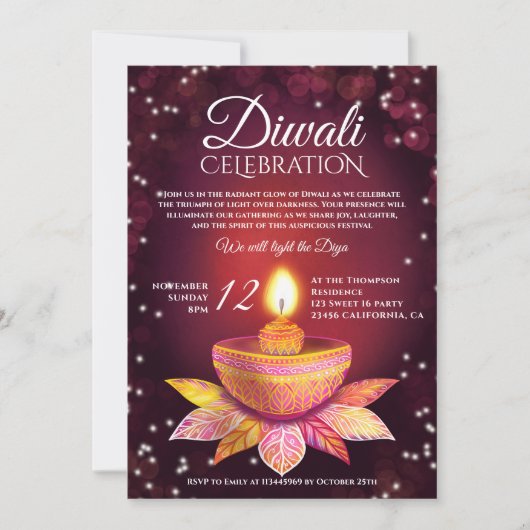 Invitation Lampes Diwali rose rouge, script d'illustration lé (Devant)