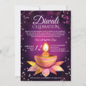 Invitation Lampes Diwali rose violet, script d'illustration (Devant)