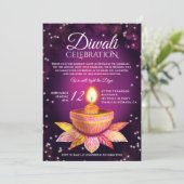 Invitation Lampes Diwali rose violet, script d'illustration (Debout devant)
