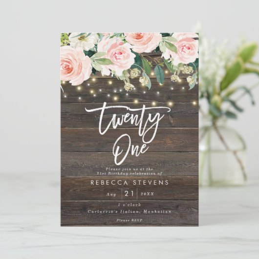 Invitation lampes en bois rustique fleuri 21e anniversaire (Debout devant)