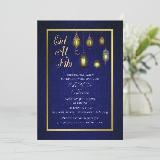 Invitation Lampes en or sur Damas Bleu | Aïd Al Fitr (Debout devant)