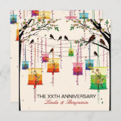 Invitation Lampions Colorés Cerisier Oiseaux Anniversaire (Devant / Derrière)