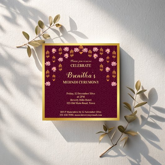 Invitation Lampions Lotus et Arabe Mohndi mariage indien