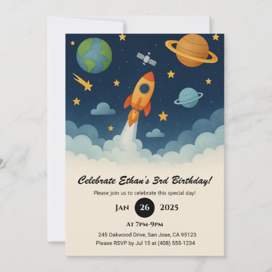 Invitation Lancement de fusée et aventure sur une planète pou (Devant)