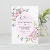 Invitation Lancement de mariage floral rose aquarelle de prin (Debout devant)