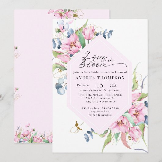 Invitation Lancement de mariage floral rose aquarelle de prin (Devant / Derrière)