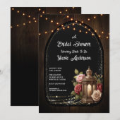 Invitation Lancement de Mariage Rustique Lanternes Roses et L (Devant / Derrière)