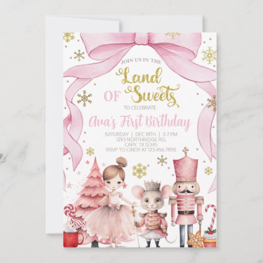 Invitation Land of Sweets nutcracker birthday invitation. (Devant)