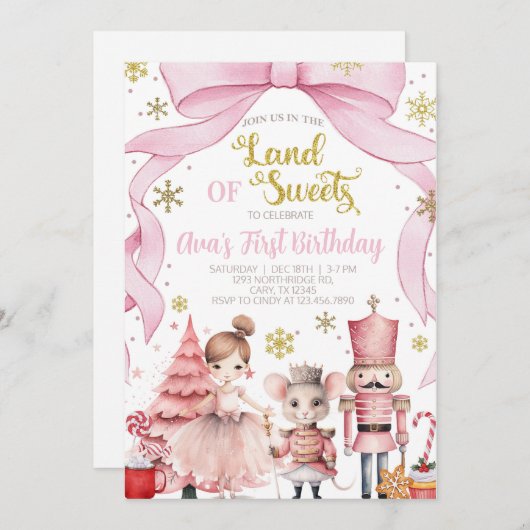 Invitation Land of Sweets nutcracker birthday invitation. (Devant / Derrière)