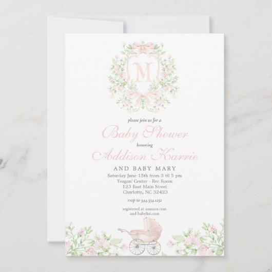 Invitation Landau de bébé fille Monogramme (Devant)