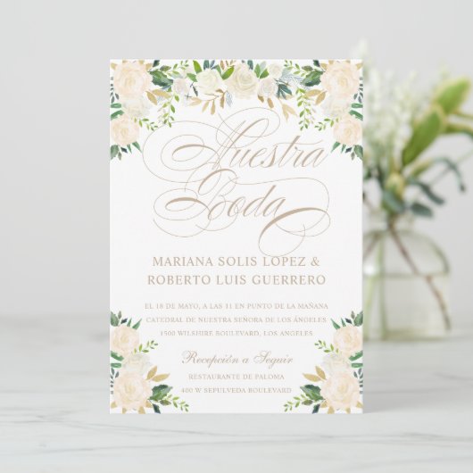 Invitation Langue espagnole Nuestra Boda flores pintadas (Debout devant)