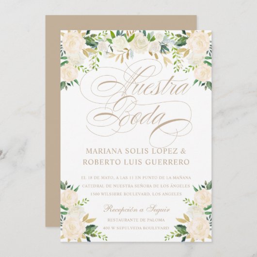 Invitation Langue espagnole Nuestra Boda flores pintadas (Devant / Derrière)