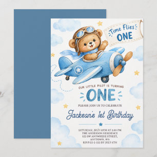 Invitation L'Anniversaire de 1 an de Teddy l'Avion Bleu Temps