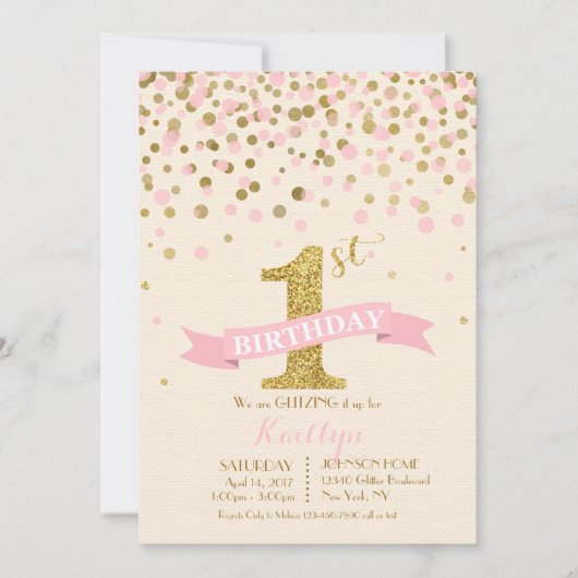 Invitation L'anniversaire de Sparkle Gold and Pink saupoudrer (Devant)