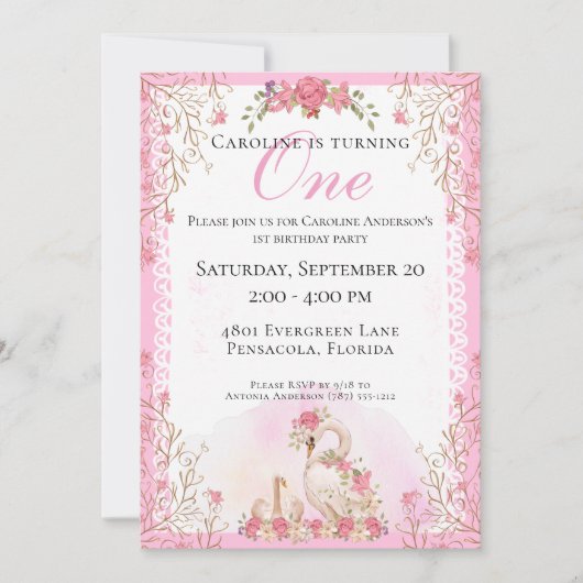 Invitation L'Anniversaire Floral Rose des Cygnes de Fairytale (Devant)