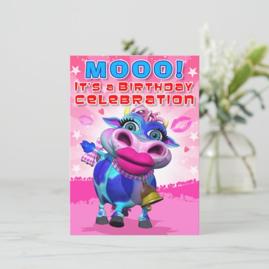 Invitation L'anniversaire invitent MOO de baiser (le (Debout devant)