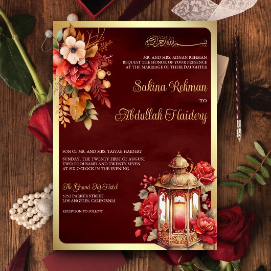 Invitation Lanterne antique Rouge Floral Maroon Mariage musul