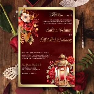 Invitation Lanterne Antique Rouge Florale Marron Mariage Musu