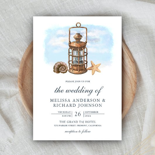Invitation Lanterne aquarelle rustique mariage nautique