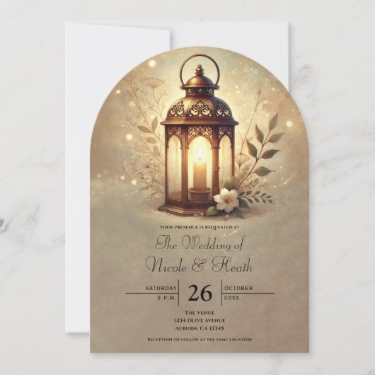 Invitation Lanterne Bronze Doré Mariage Romantique Rustique (Devant)