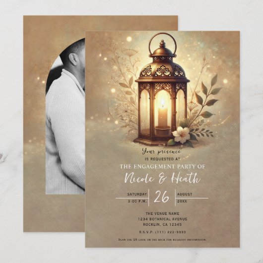 Invitation Lanterne Bronze Doré Romantique Rustique Fiançaill (Devant / Derrière)