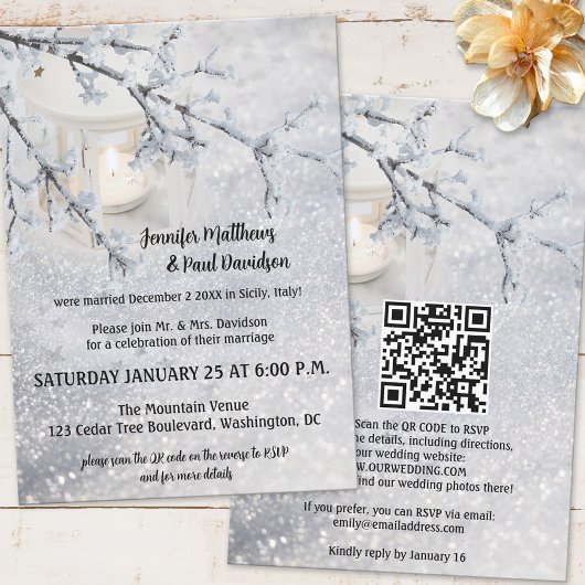 Invitation Lanterne Code QR Mariage Hiver Réception Seulement