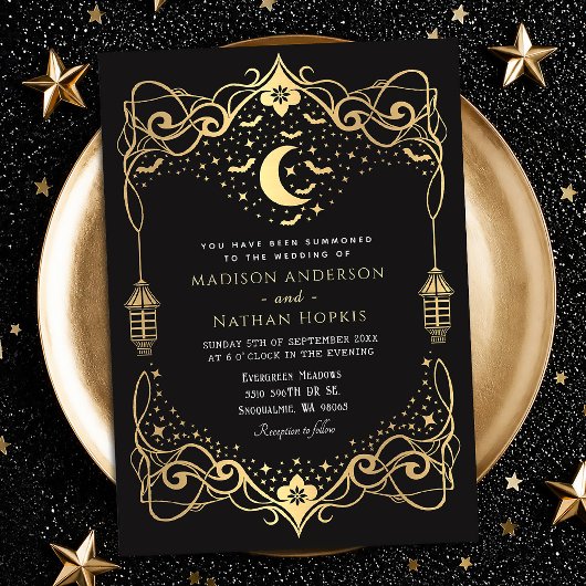Invitation Lanterne de mariage Bats gothiques Lune dorée