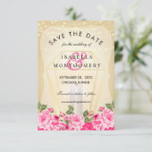 Invitation Lanterne dorée et flore rose (Debout devant)